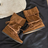 KYLETHOMASW  -  Retro Weaved Tassel Lace-Up Cowboy Boots Woman Turned-Over Edge Suede Leather Mid-Calf Boots Ladies Inner Height Western Boots