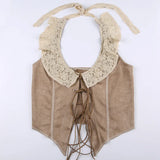 KYLETHOMASW  -  Western retro suede lace patchwork strap irregular short top American spicy girl niche sexy hanging neck vest