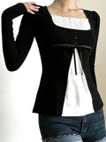 KYLETHOMASW  -  French Sweet Patchwork Contrast Color Fake Two Piece Slim Square Collar Long Sleeve Slim T-Shirts