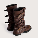 KYLETHOMASW  -  Vintage Soft Leather Belt Strap Buckle Mid-Calf Women Motorcycle Boots Fashion Thick High heels Autumn Winter Knight Booties