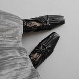 KYLETHOMASW  -  Women Pleated Hollow Mary Jane Style Shoes with Bow Design Flat Shoes Square Toe Casual Comfortable Outdoors Women Shoes Fashion