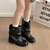 KYLETHOMASW  -  Winter Pleated Women Western Ankle Boots Fashion Rivet Belt Buckle Shoes Ladies Concise Vintage Thick Heel Short Booties