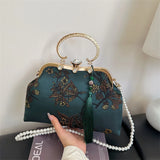 KYLETHOMASW  -  Handbag with Floral Print Gold Ring Handle with Rhinestones & Pearl Chain Tassel Decor Women's Evening Clutch Purse
