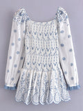KYLETHOMASW  -  Fashion Women Floral Hollow Out Embroidery Elastic Mini Dress Vintage Long Sleeve Female Super-Short Dress Summer Robe