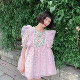 KYLETHOMASW  -  Women Pink O neck Floral Printed Flying Sleeve Puffy Dress 2024 Summer New Sweet Fairy Short Dresses Female Vestidos