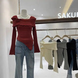 KYLETHOMASW  -  Sweet Hot Girl Three-dimensional Flower Knitted Sweater for Women's Autumn Off Shoulder Slim Fit Base Sweater Female Clothes