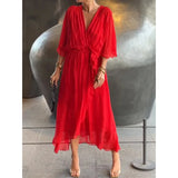 KYLETHOMASW  -  Solid Color Sash Long Dress Bat Sleeve Irregular Hemline Maxi Dress Plus Size