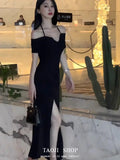 KYLETHOMASW  -  Light Luxury Fashion Black Neck Halter Dress for Women 2025 Summer New French Slim Fit Slit Long Skirt Showing Off Their Figure