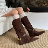 KYLETHOMASW  -  Mid Calf Women Boots Pointed Toe Flats Shoes Designer Chelsea Boots Winter 2025 Casual Walking Suede Zapatos Goth Mujer Botas