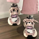 KYLETHOMASW  -  Pink White Chunky Dad Sneakers Women Black Accent Mesh Lace Up Thick Sole Casual Shoes Streetwear Daily Korean Sporty Fashion