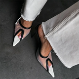 KYLETHOMASW  -  Women Sheer Mesh Hollow Cutout Mule Slides Pointed Peep Toe Super Thin Stiletto Slip On High Heels Fashion Ladies Sandals