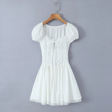 KYLETHOMASW  -  Sweet Women Ruched Chest Fish bow Waist Corset Style Dress Short Sleeve Cross Bandage Lacing up Back Bodycon Mini Party Robe