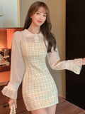 KYLETHOMASW  -  Elegant Plaid Mini Dress Sweet Casual Chic Flare Long Sleeves Chiffon Patchwork Birthday Party Short Dresses Female Clothing New