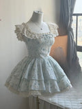 KYLETHOMASW  -  Vintage Lace Patchwork Square Collar Print Dress Women Y2k Aesthetic Puff Sleeve Fairy Dresses Kawaii Girl Ruffled Mini Vestidos