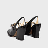 KYLETHOMASW  -  Fashion Black Patent Leather Mary Janes Slingbacks Women Pumps Spring Summer Wave Toe Chunky High Heels Office Lady Daily Shoes