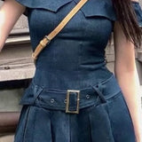 KYLETHOMASW  -  Denim Mini Dresses Ruffles Slash Neck Spring Summer Solid Vintage Y2k Vestidos Mujer Korean Fashion Sexy Women Dress