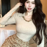 Kylethomasw Spring New Korean V-neck Patchwork Casual Knitted Long-sleeved T-shirt Women + Sexy Slim Sequins Mini Skirt Two-piece Suit