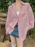 KYLETHOMASW  -  Pink Shirts Stripes All Match Streetwear Women Spring Lazy Style Chic Loose Fashion New Office Lady Casual