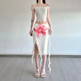 KYLETHOMASW  -  Fashionable Hot Girl Ruffled Mesh Skirt Women's Irregular Ribbon Slim Fit Hip-covering Mid-Length