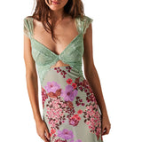 KYLETHOMASW  -  Women Long Bodycon Dress Floral Print Lace Patchwork Cutout V-Neck Sleeveless Dress Summer Slit Backless Party Dress