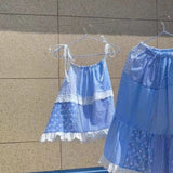 KYLETHOMASW  -  Japanese Two Pieces Set Sweet Lace Patchwork Flower Bandage Tank Grunge Tops Women Y2k Aesthetic Contrast Color  Skirt Suit
