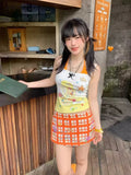 KYLETHOMASW  -  New Japanese Summer Orange Soda Print Strap Neck Sling Vest Vacation Style Splicing Fake Two-piece Top For Women