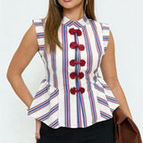 KYLETHOMASW  -  Striped Mandarin Collar Frog Button Ruffle Trim Top Striped Single‑breasted Summer Women Blouse Versatile Casual Lady Office Top
