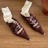 KYLETHOMASW  -  Summer New Women's Brown Wrap Toe Pointed Toe Flat Genuine Leather Belt Buckle Vintage Ladies Outdoor Office Daily Slippers