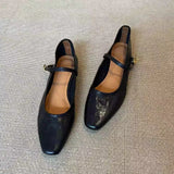 KYLETHOMASW  -  Summer New Women's Mary Jane Shoes Retro Square Toe Flat Heel Strap Genuine Leather Soft Shallow Ladies Single Shoes
