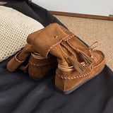 KYLETHOMASW  -  Retro Weaved Tassel Lace-Up Cowboy Boots Woman Turned-Over Edge Suede Leather Mid-Calf Boots Ladies Inner Height Western Boots