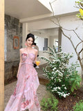 KYLETHOMASW  -  Woman Dress Sexy Elegant Sleeveless Floral Printed Spring Fashion Irregular Ruffles Holiday Hollow Out Backless Dresses