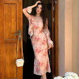 KYLETHOMASW  -  Women Vacation Clothes Sweet Floral Print 2 Piece Outfit Sexy Sling Slim Dress And Ruffled Tops Coat Set Suits Casual Autumn New