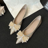 KYLETHOMASW  -  Spring Gold/Silver Bowknot Flats Women Sparkle Crystal Shoes Elegant Ladies Lace Bow Pointed Toe Ballets Female Moccasins