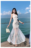KYLETHOMASW  -  French Luxurious Heavy Craftsmanship Elegant Vacation Evening Dress Women's Lace Off-Shoulder Tulle Backless Long Dress High-end