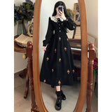 KYLETHOMASW  -  Sweet Hot Girl Embroidery Lace Turn-down Collar Long Dress Women's Autumn/winter Black Corduroy Dress Fashion Female Clothes