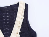 KYLETHOMASW  -  Women Contrasting Ruffle Knit Tank Tops Sexy V Neck Front Tie Holiday Casual Summer Crop Top