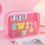 Kylethomasw Women Large Capacity Waterproof Chenille Patches Clear PVC SWIM STUFF Makeup Bag Cosmetic Zipper Pouch Beach Travel Toiletry