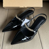 KYLETHOMASW  -  Elegant Black Patent Leather Heels Women Luxury Metal Chain Slingback Designer Shoes Comfort Pointed Toe Kitten Heel Office Shoe