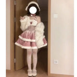 KYLETHOMASW  -  Plush Short Coat Waist Cinched A-line Puffy Lolita Dress Sweet Bow Gradient Mini Camisole Dress Set Two Piece Set Women Outfits