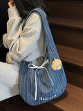 KYLETHOMASW  -  Korean Casual Stripesd Canvas Bag for Women 2025 New Large-Capacity Shoulder Tote Bag Double-Sided Commuter Armpit Bag