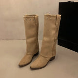 KYLETHOMASW  -  Fashion Vintage Thick Heel Women Western Cowboy Boots Button Combination Splicing Shoes Autumn Winter Ladies Pipe Long Booties