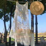 KYLETHOMASW  -  Y2K Mesh Embroidery Sleeveless Dress Women Korean Loose Fold Sundress Sweet Vestidos Summer Fashion All Match Dresses Vacation
