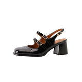 KIylethomasw Plus Size 44 45 46 Black Silver Chunky High Heels Mary Jane Shoes Women Square Toe Double Buckle Pumps Slingback Ladies Sandals