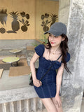 KYLETHOMASW  -  French Retro Denim Dress Women's Summer Off Shoulder Flying Sleeves Square Collar Slim Dress Fashion Female Clothes