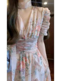 KYLETHOMASW  -  Chiffon Pink V-Neck Floral Dress Holiday Style Beautiful Unique Waist Temperament Beach Skirt Floral Dress Female