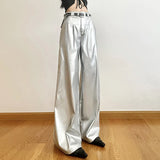 Kylethomasw  Silver Retro Matte Trendy Personalized All-match Casual High Street Cool Confident Casual Women's Autumn Wide Leg Pants