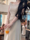 KYLETHOMASW  -  Casual White Solid Long Dresses Fairycore Slash Neck Inclined Shoulder Vestidos Summer Lace-up Ruched Trumpet Womens Dress