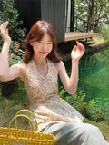 KYLETHOMASW  -  Sweet Floral Hanging Neck V-neck Sleeveless Vest Women Summer 2025 New Style Slimming Waist Trendy Camisole Top