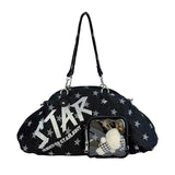 KYLETHOMASW  -  Star Print Bowling Ita Bag Large Capacity Denim Shoulder Bag Clear Window Crossbody Handbag Adjustable Strap Women Casual Bag
