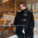KYLETHOMASW  -    Sweet Hot Girl Stand Collar Belt Buckle Lamb Wool Coat Women's Autumn/Winter Double-sided Thick Jacket Fashion Female Clothes